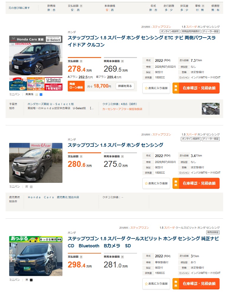 ステップワゴンスパーダの中古価格